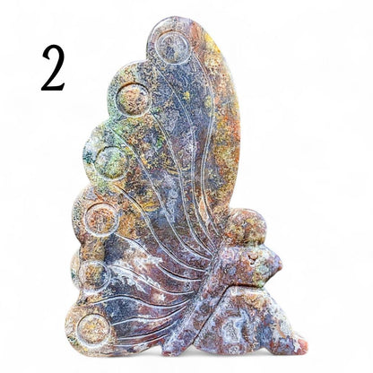 Moss Agate Fairy Carving: Freestanding Crystal Goddess Figure
