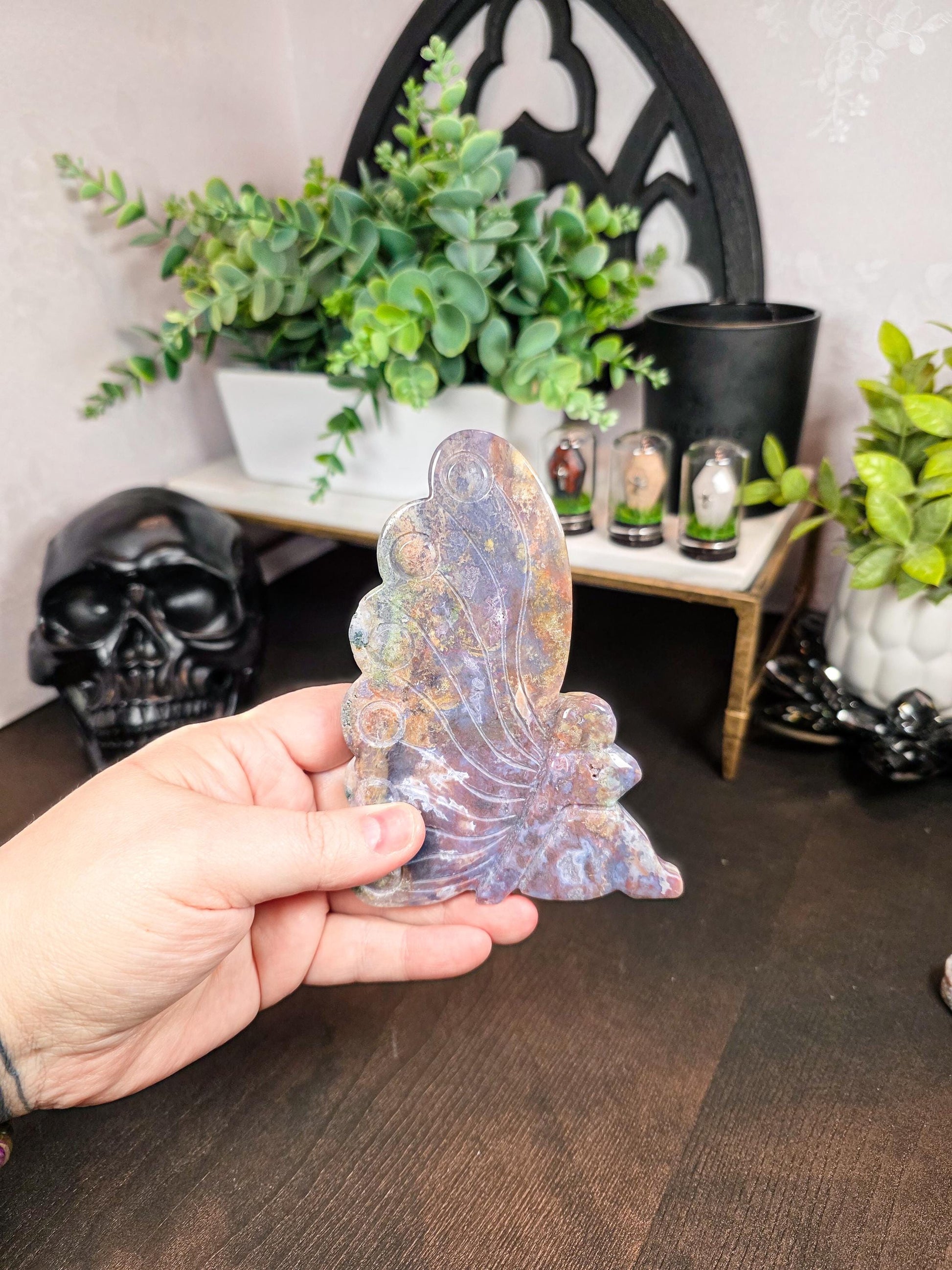 Moss Agate Fairy Carving: Freestanding Crystal Goddess Figure