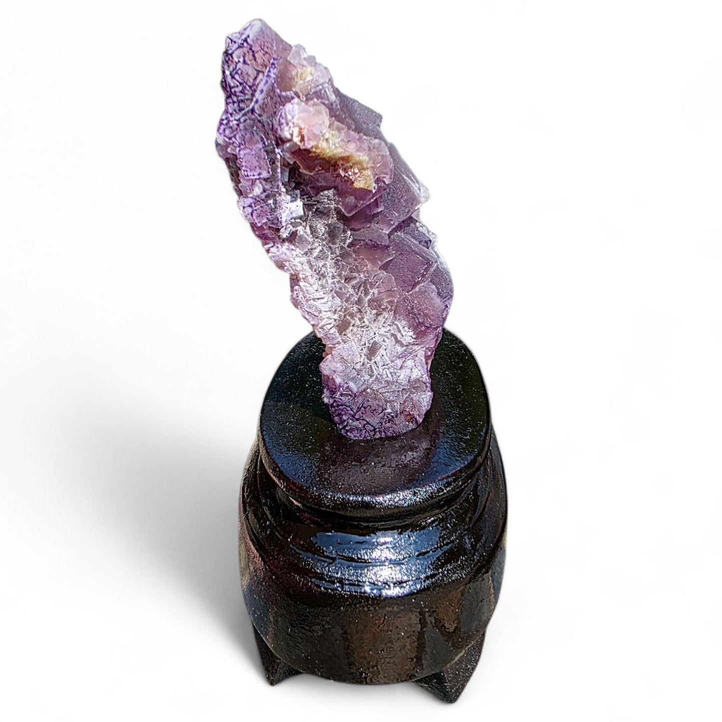 Purple Fluorite Specimen with Cube Formations - Custom Wooden Stand - Natural Crystal Decor - 381 grams