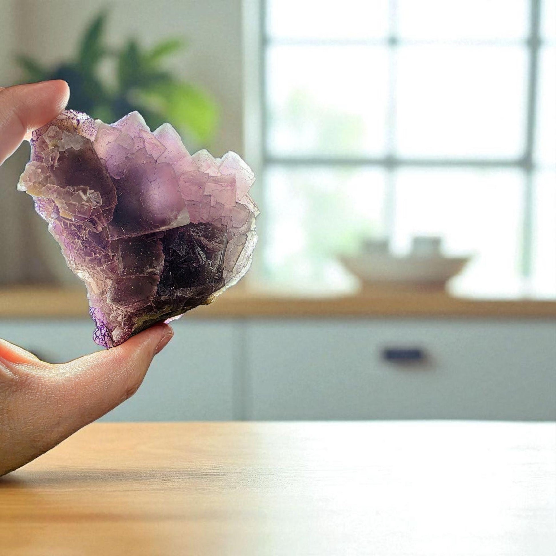 Purple Fluorite Specimen with Cube Formations - Custom Wooden Stand - Natural Crystal Decor - 381 grams