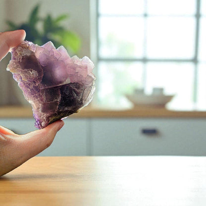 Purple Fluorite Specimen with Cube Formations - Custom Wooden Stand - Natural Crystal Decor - 381 grams