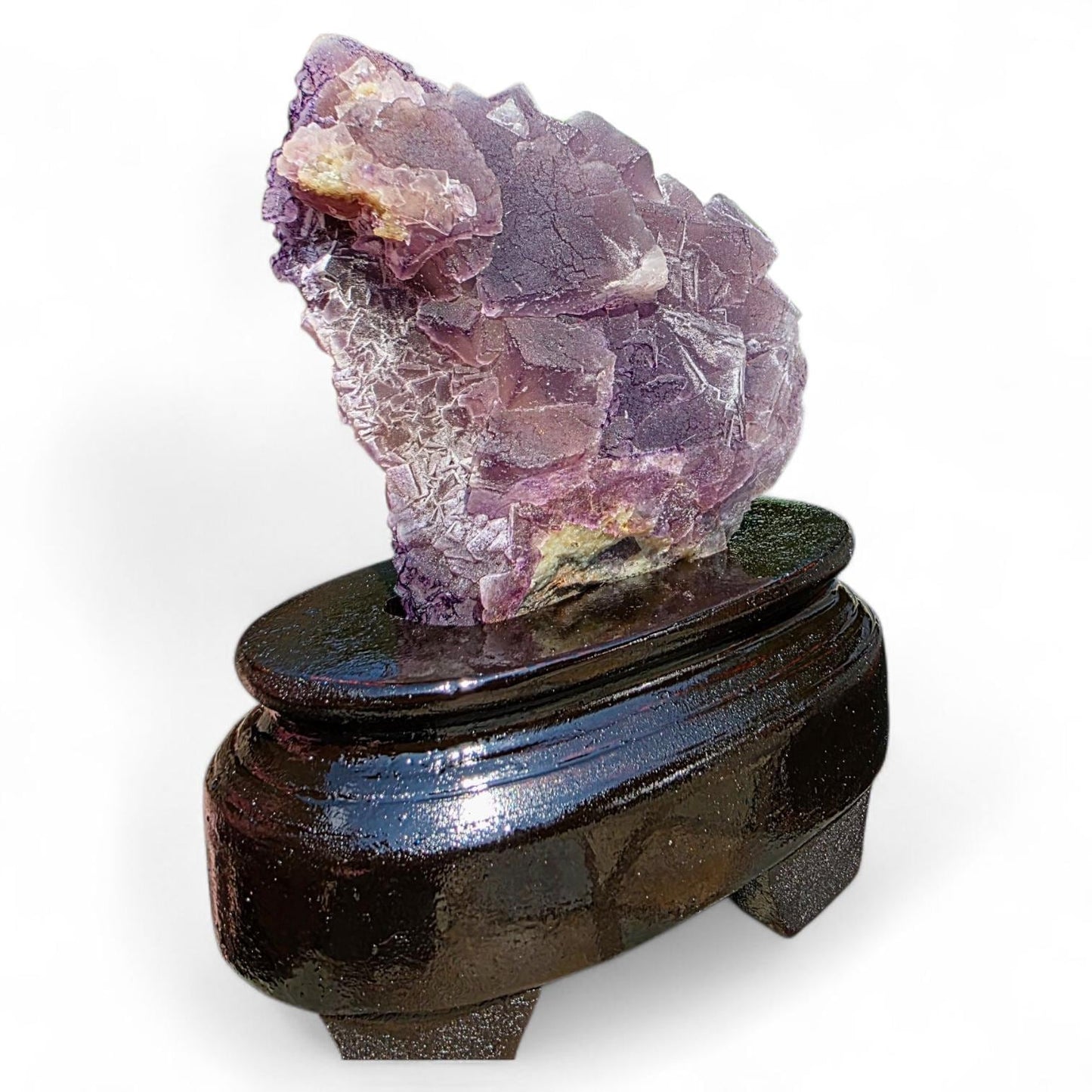 Purple Fluorite Specimen with Cube Formations - Custom Wooden Stand - Natural Crystal Decor - 381 grams