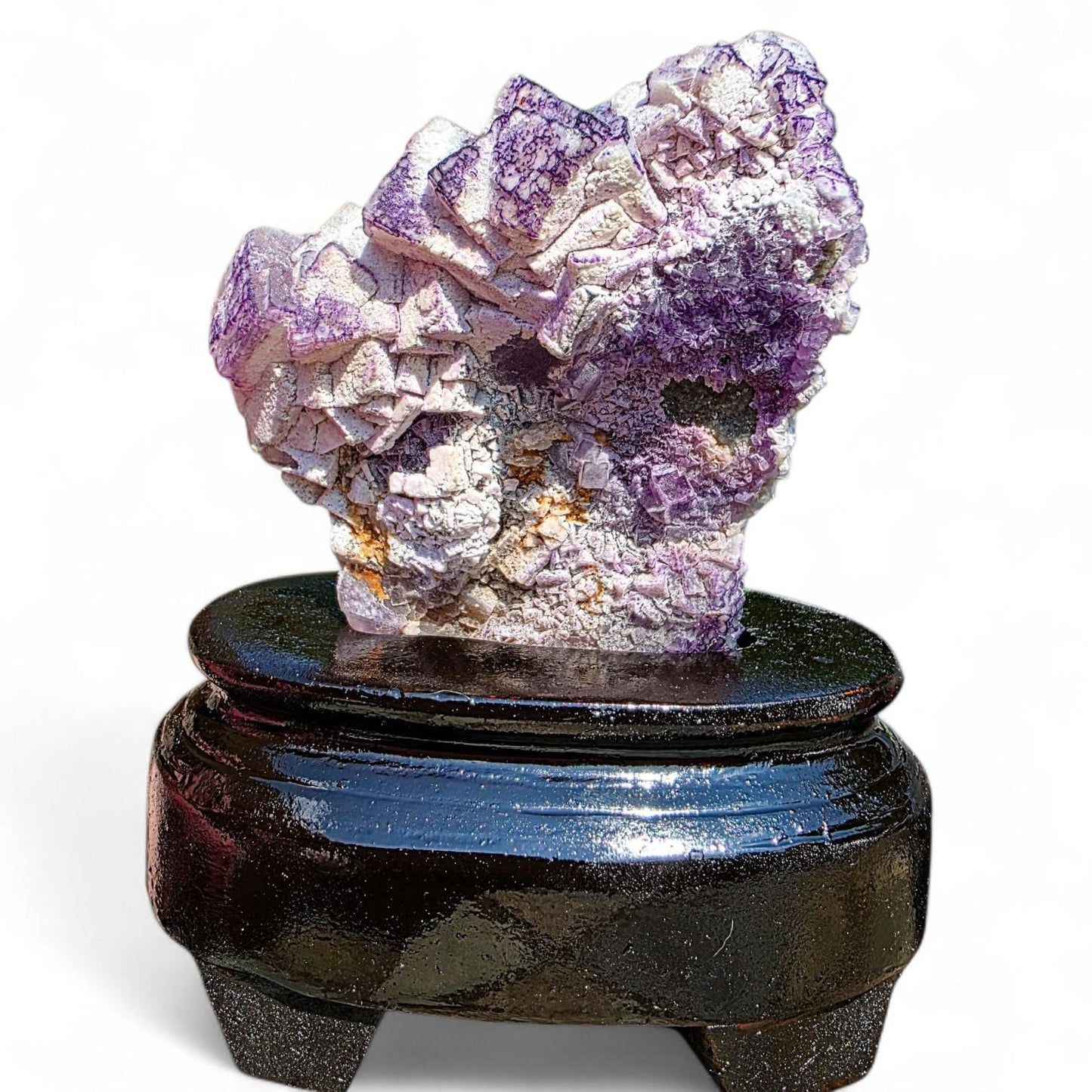 Purple Fluorite Specimen with Cube Formations - Custom Wooden Stand - Natural Crystal Decor - 381 grams