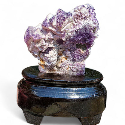 Purple Fluorite Specimen with Cube Formations - Custom Wooden Stand - Natural Crystal Decor - 381 grams