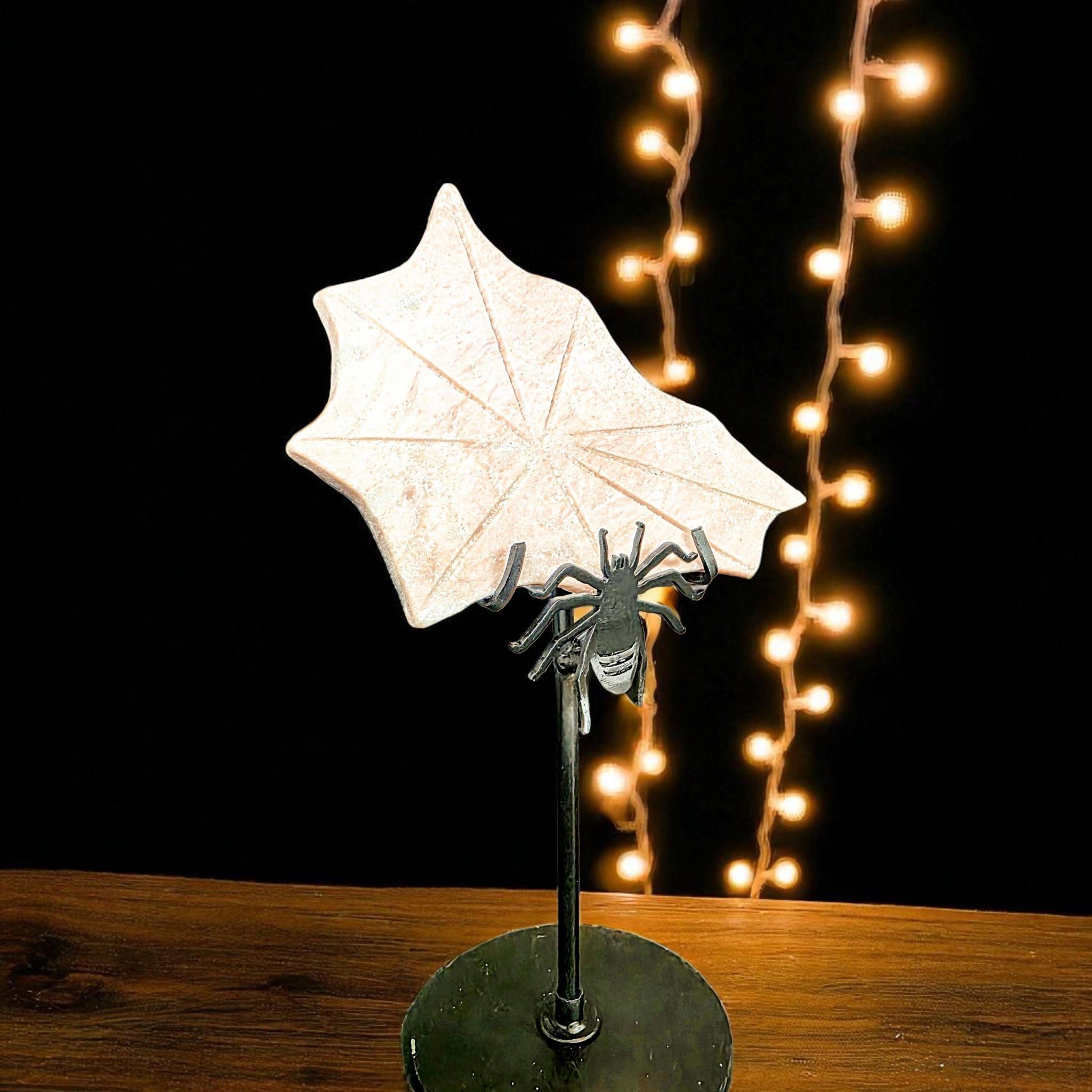 Carved Orange Calcite Spiderweb with Metal Stand - Gothic Halloween Decor