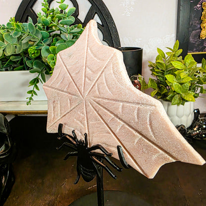 Carved Orange Calcite Spiderweb with Metal Stand - Gothic Halloween Decor