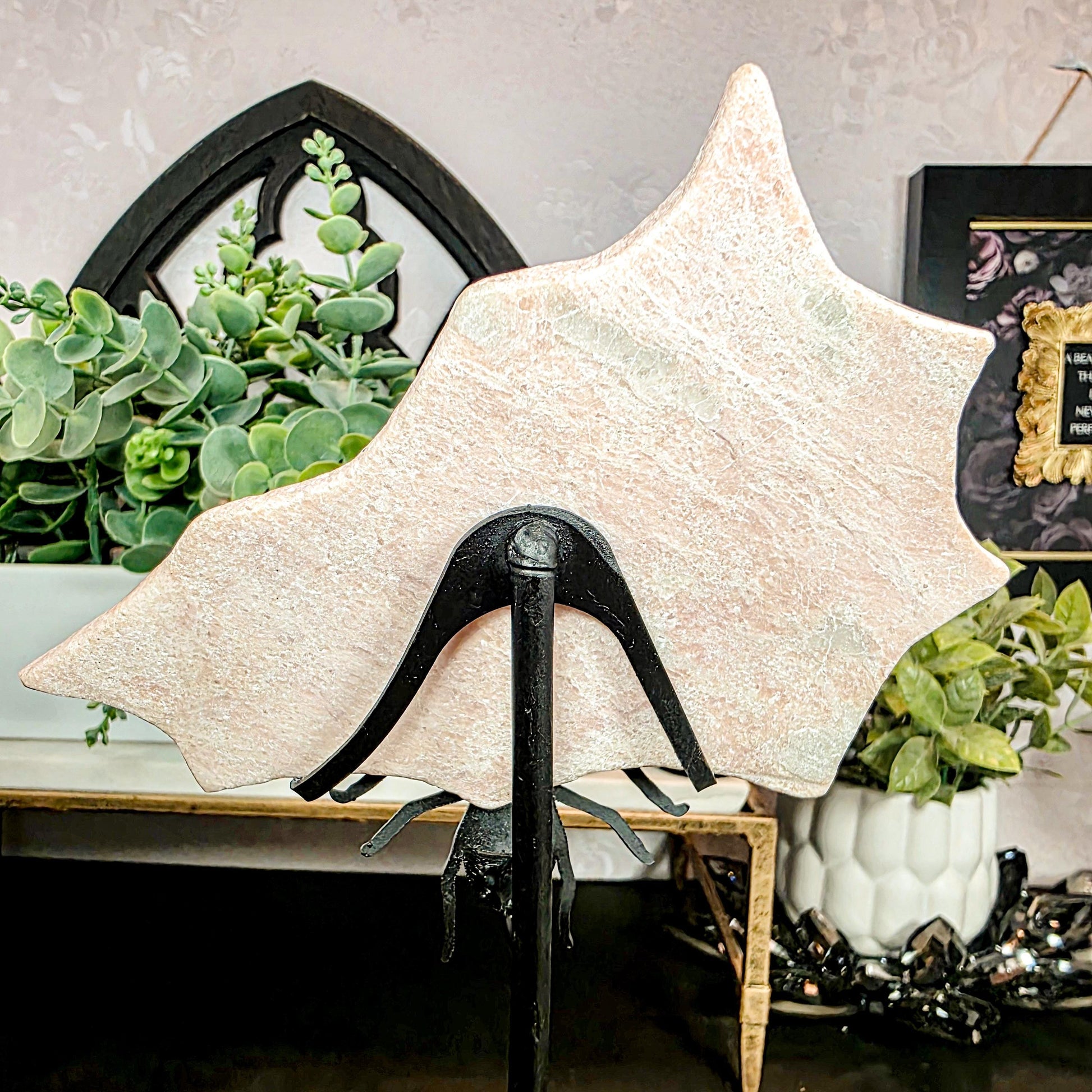Carved Orange Calcite Spiderweb with Metal Stand - Gothic Halloween Decor