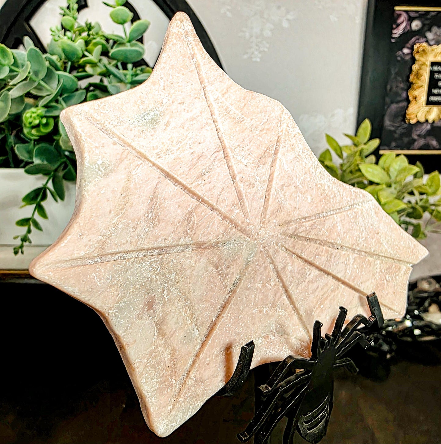 Carved Orange Calcite Spiderweb with Metal Stand - Gothic Halloween Decor