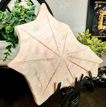 Carved Orange Calcite Spiderweb with Metal Stand - Gothic Halloween Decor