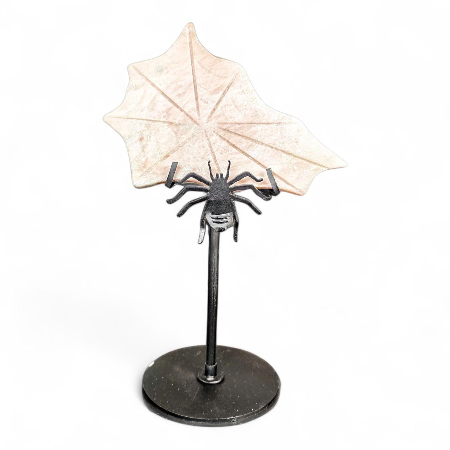 Carved Orange Calcite Spiderweb with Metal Stand - Gothic Halloween Decor