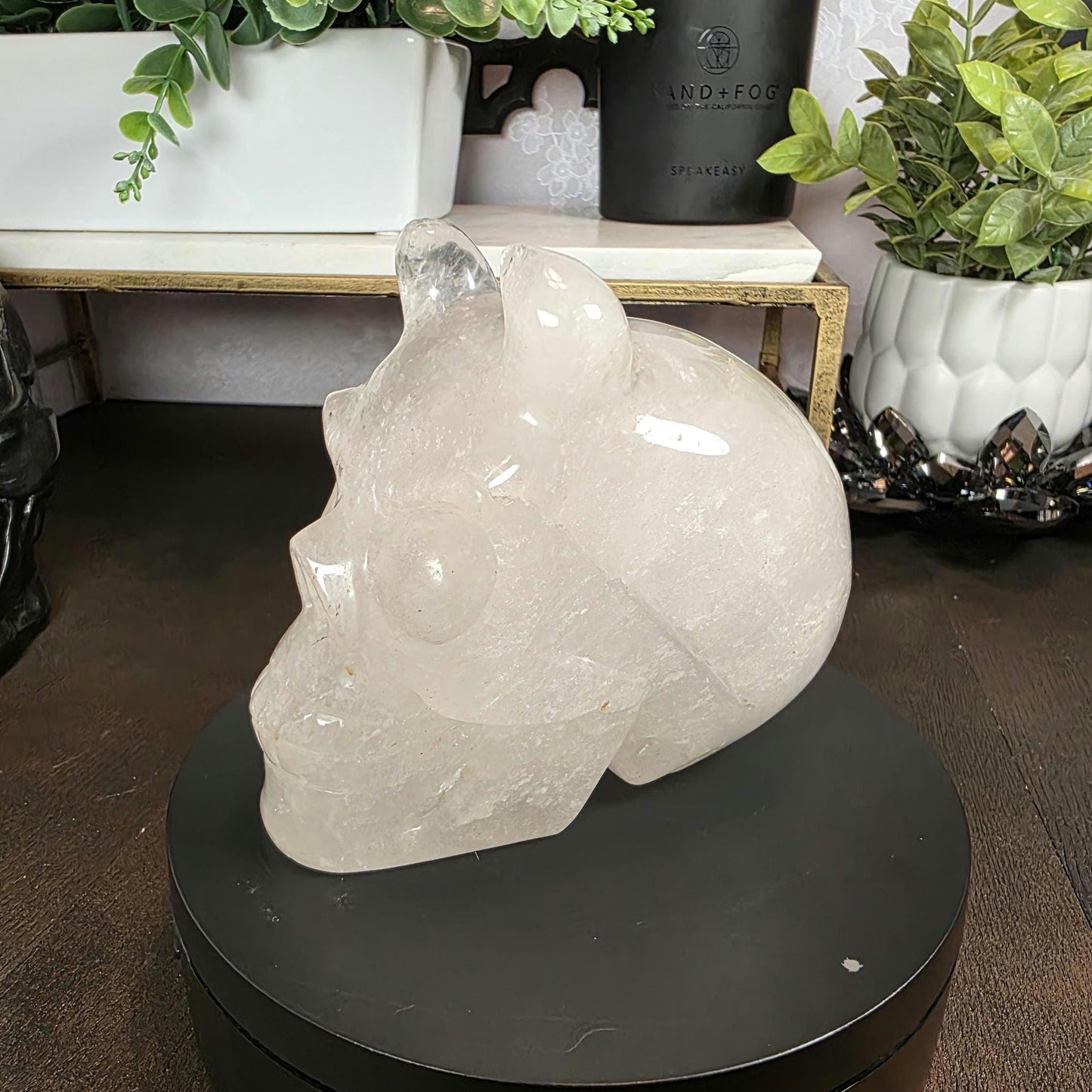 High Quality 4.5" Clear Quartz Devil Skull Carving - Unusual Crystal Horned Skull (2.26 lbs) - Unique Gothic Decor / Halloween Altar