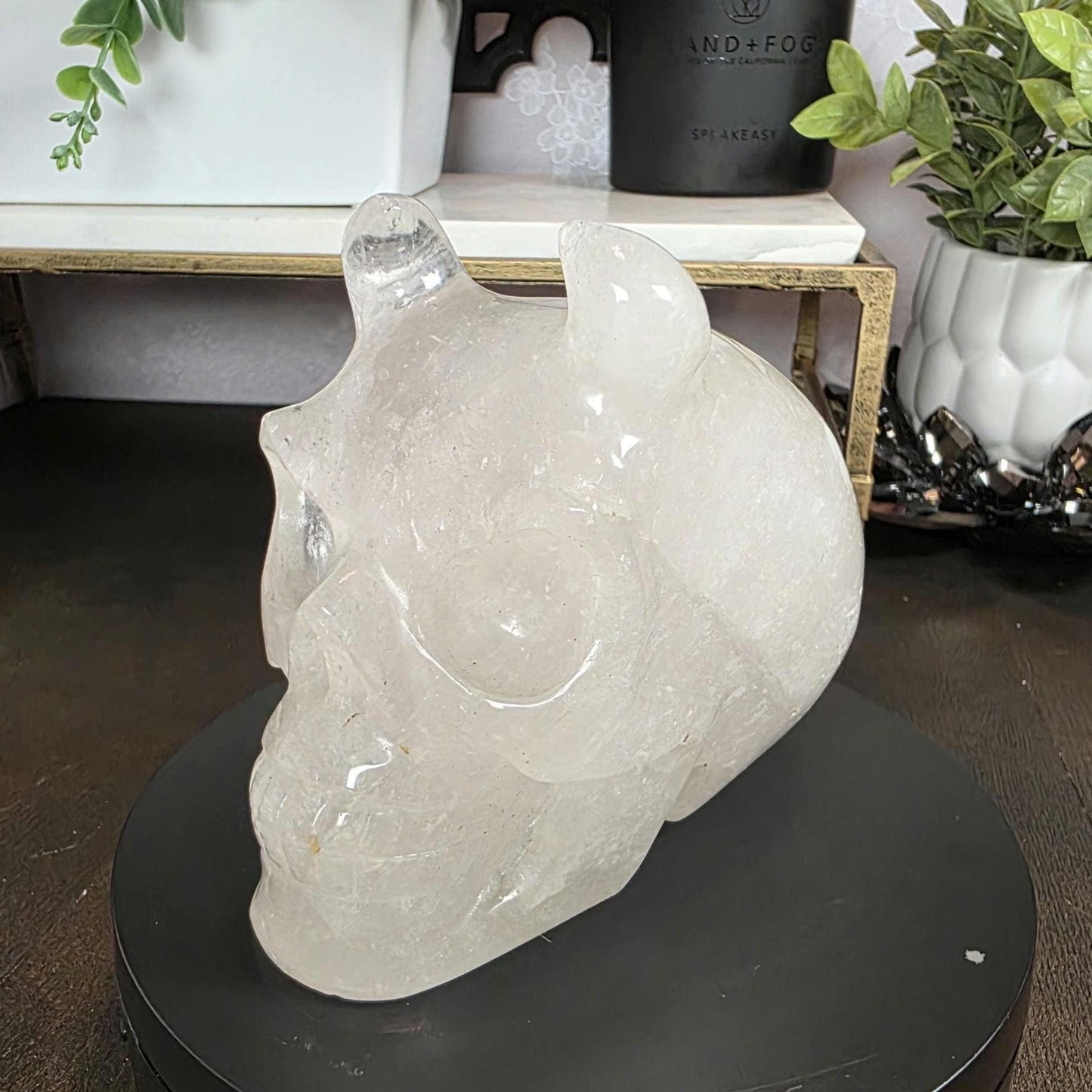 High Quality 4.5" Clear Quartz Devil Skull Carving - Unusual Crystal Horned Skull (2.26 lbs) - Unique Gothic Decor / Halloween Altar