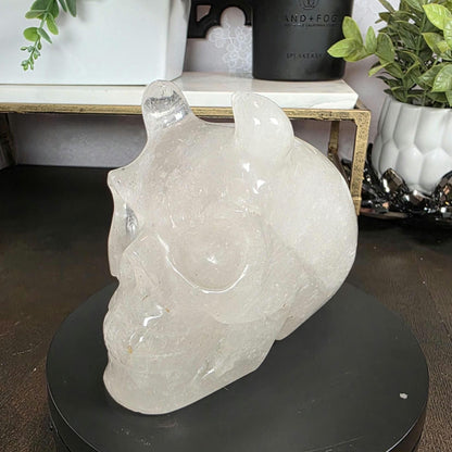 High Quality 4.5" Clear Quartz Devil Skull Carving - Unusual Crystal Horned Skull (2.26 lbs) - Unique Gothic Decor / Halloween Altar