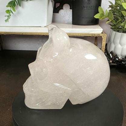 High Quality 4.5" Clear Quartz Devil Skull Carving - Unusual Crystal Horned Skull (2.26 lbs) - Unique Gothic Decor / Halloween Altar
