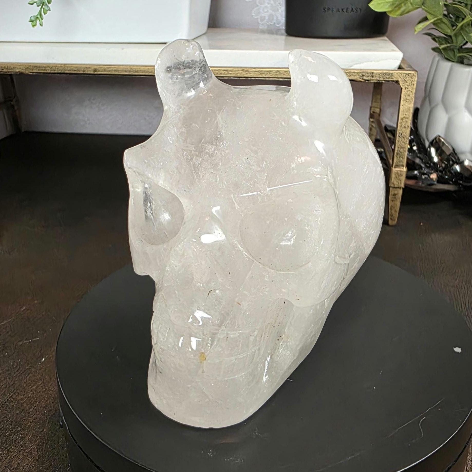 High Quality 4.5" Clear Quartz Devil Skull Carving - Unusual Crystal Horned Skull (2.26 lbs) - Unique Gothic Decor / Halloween Altar