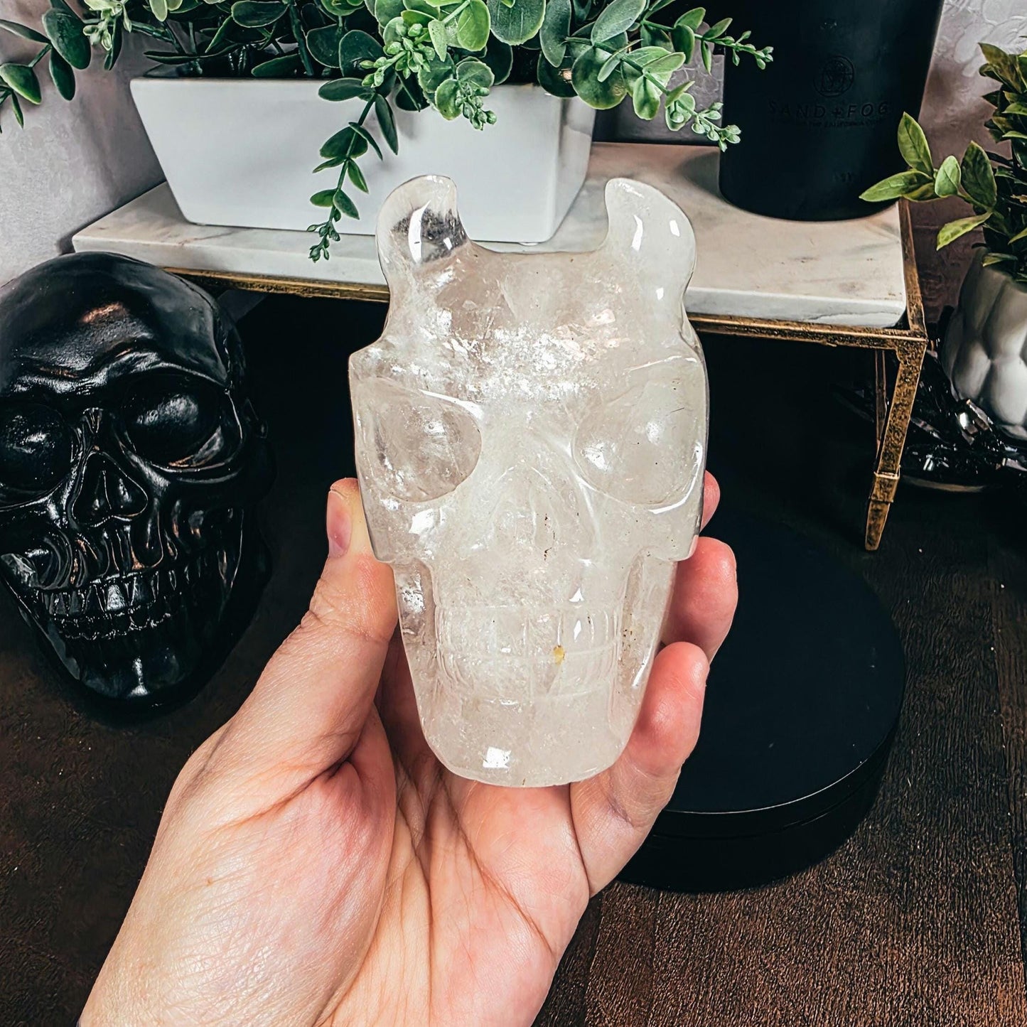 High Quality 4.5" Clear Quartz Devil Skull Carving - Unusual Crystal Horned Skull (2.26 lbs) - Unique Gothic Decor / Halloween Altar