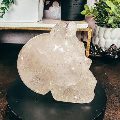 High Quality 4.5" Clear Quartz Devil Skull Carving - Unusual Crystal Horned Skull (2.26 lbs) - Unique Gothic Decor / Halloween Altar