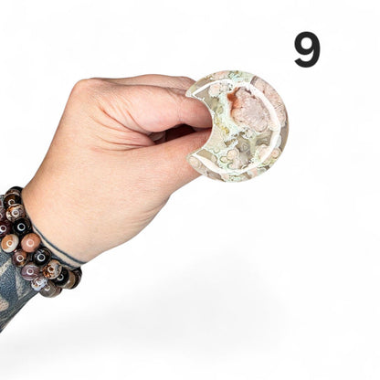 Flower Agate Moon Car Vent Clip - Unique Carved Crystal Car Charm - Natural Metaphysical Stone Decor
