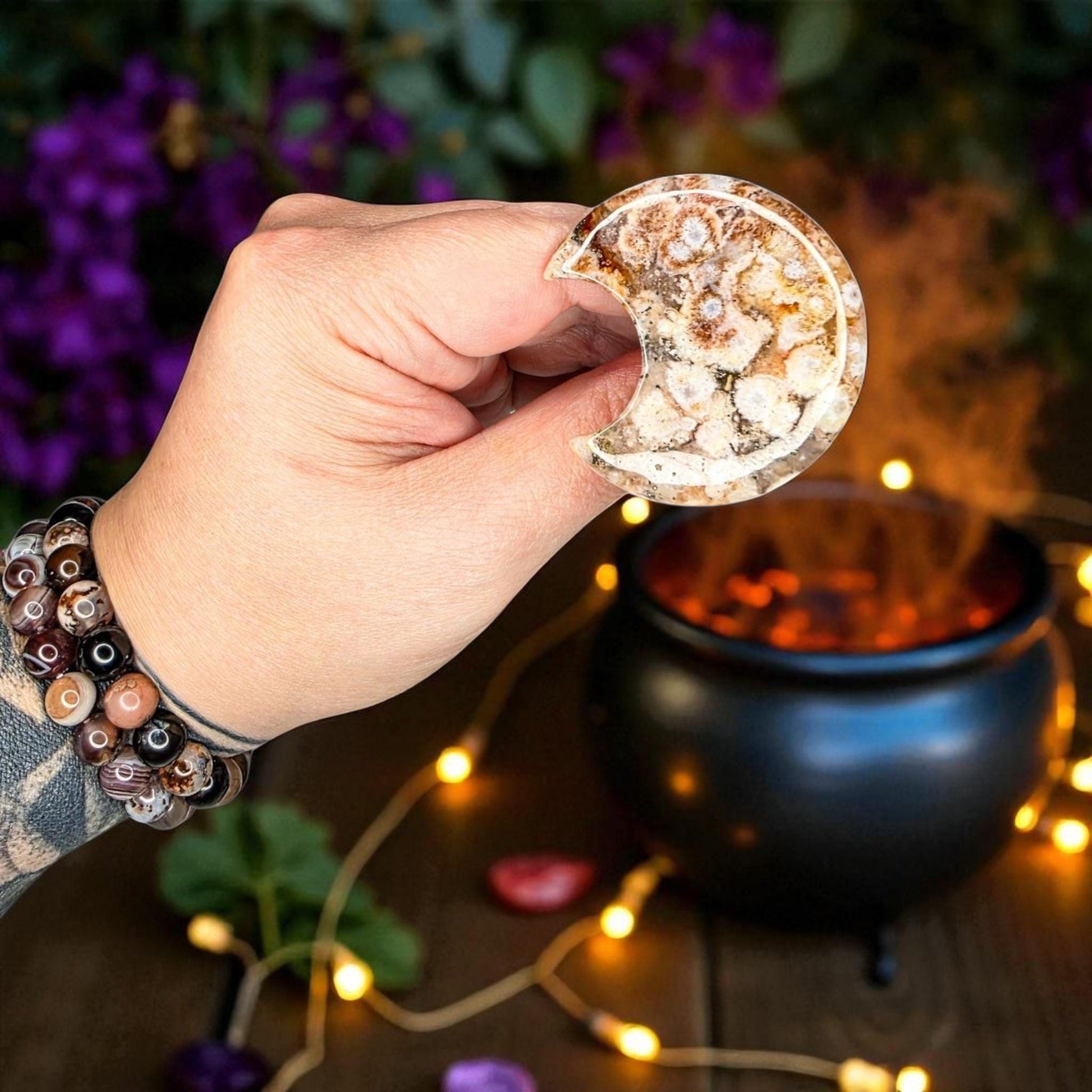 Flower Agate Moon Car Vent Clip - Unique Carved Crystal Car Charm - Natural Metaphysical Stone Decor