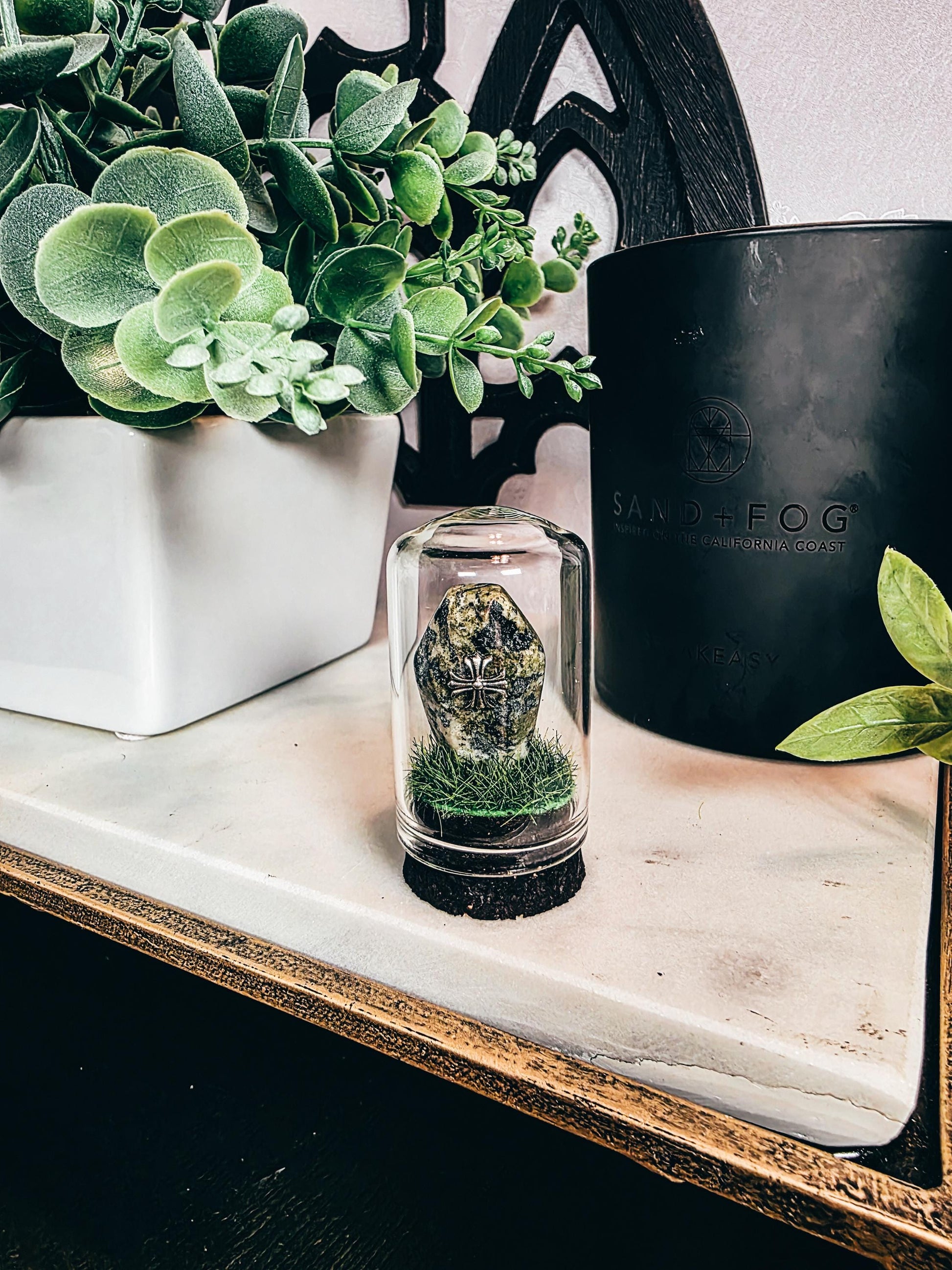 Traveling Cemetery - Mini Crystal Coffin Glass Terrarium - Gothic Desk Decor - Witchy Gifts - Crystal Materials and Cross Styles Vary