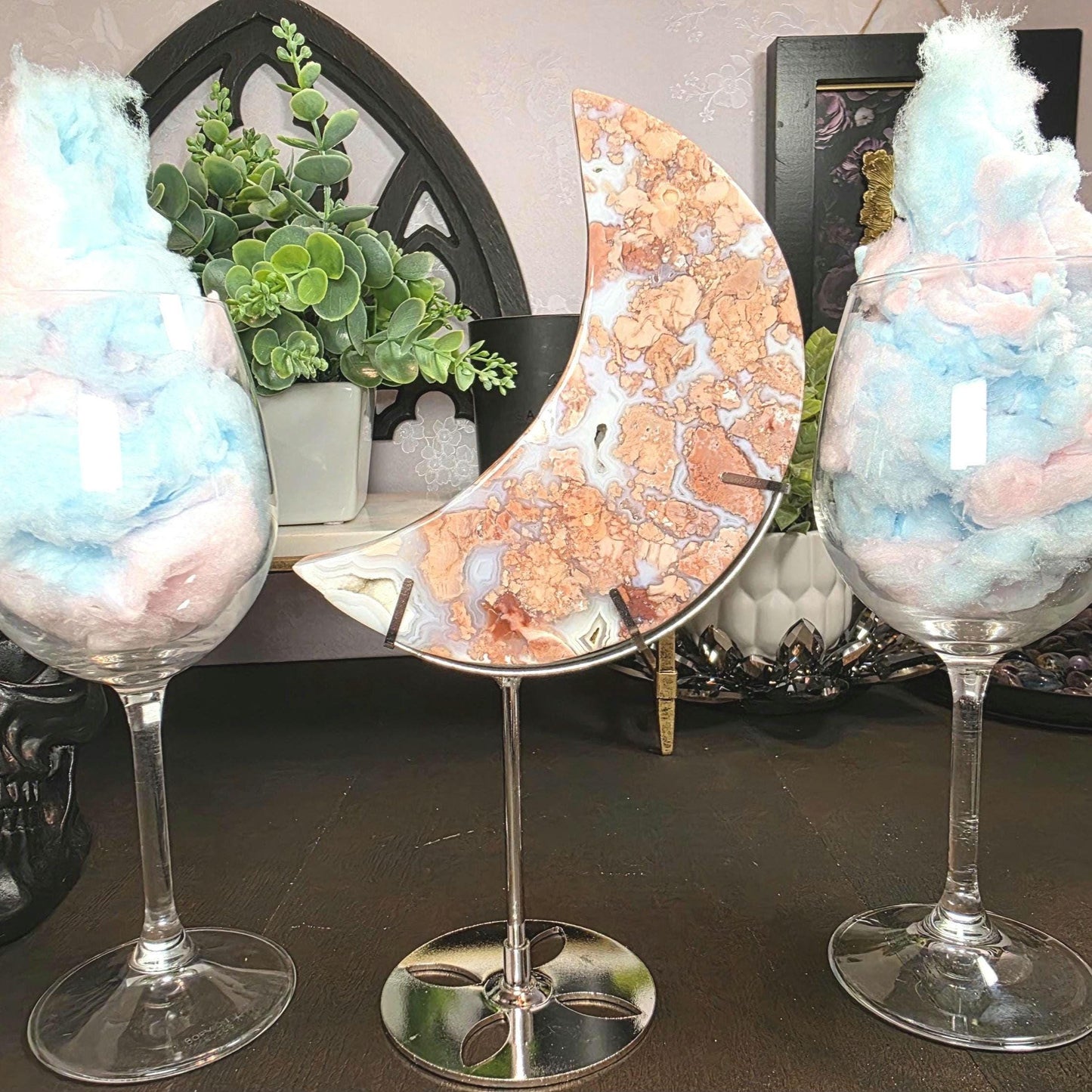 Pink & Blue Cotton Candy Agate Moon Carving - Large Chalcedony Crystal Crescent (6") + FREE Stand