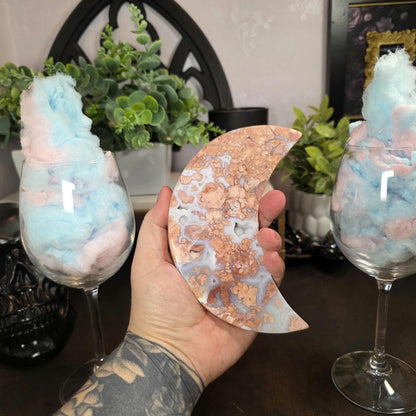 Pink & Blue Cotton Candy Agate Moon Carving - Large Chalcedony Crystal Crescent (6") + FREE Stand