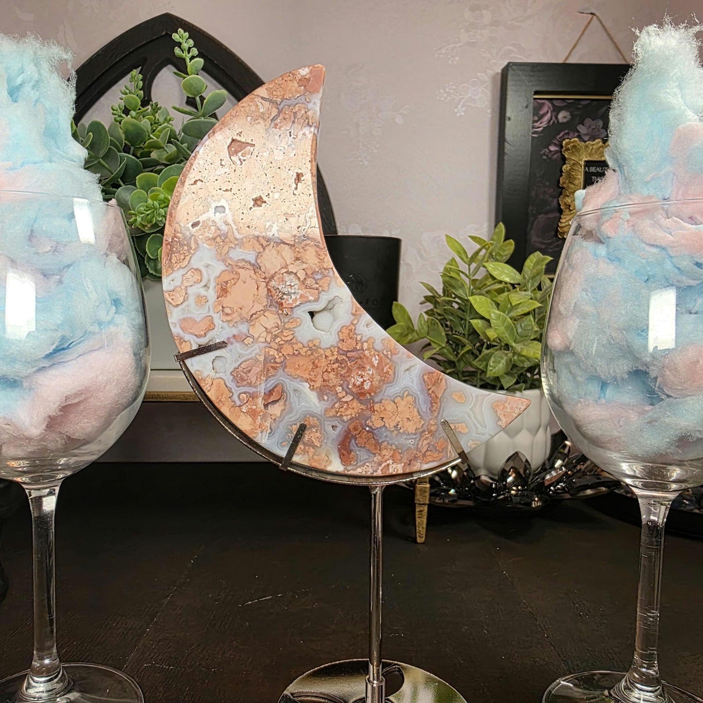 Pink & Blue Cotton Candy Agate Moon Carving - Large Chalcedony Crystal Crescent (6") + FREE Stand