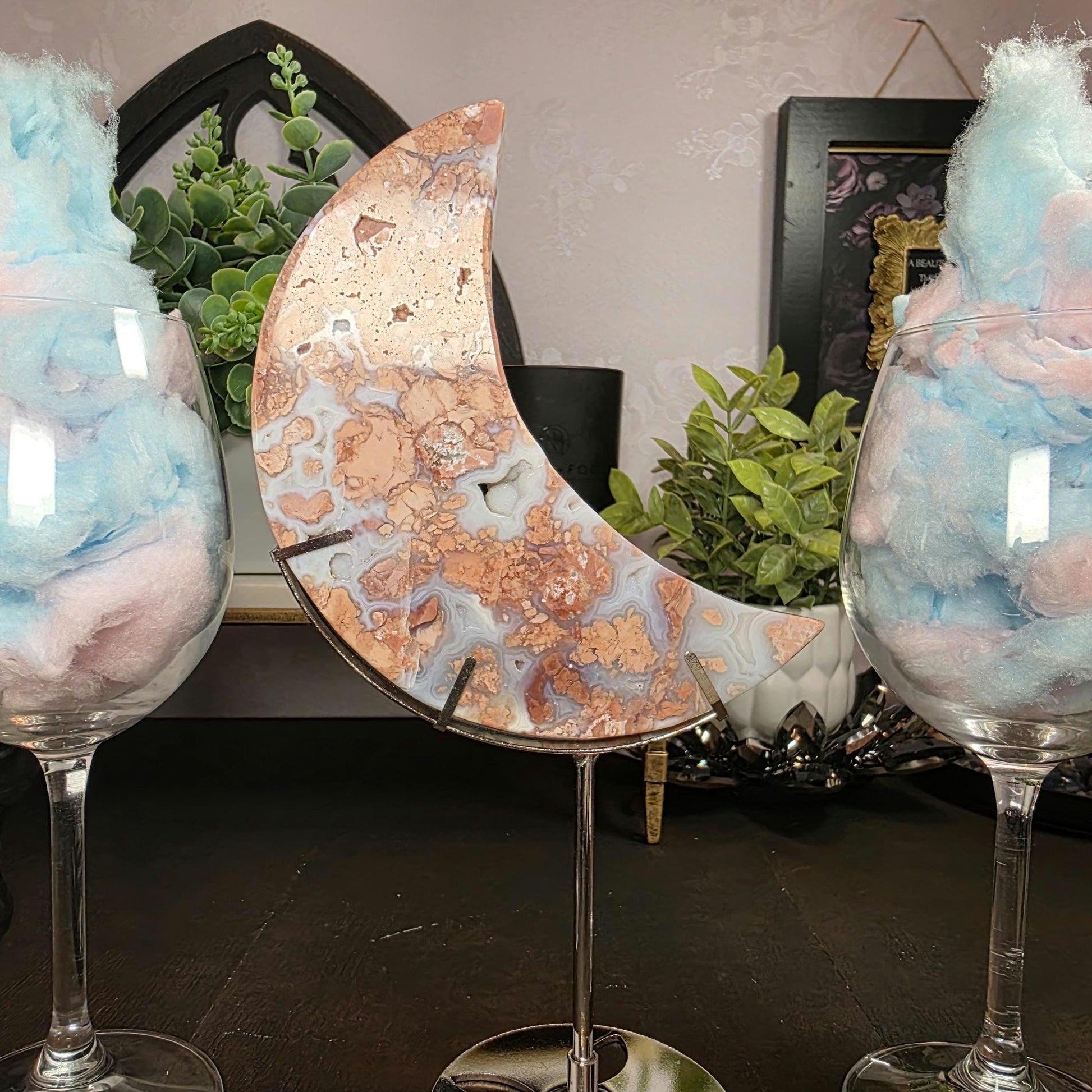 Pink & Blue Cotton Candy Agate Moon Carving - Large Chalcedony Crystal Crescent (6") + FREE Stand