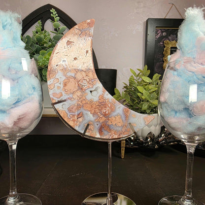 Pink & Blue Cotton Candy Agate Moon Carving - Large Chalcedony Crystal Crescent (6") + FREE Stand