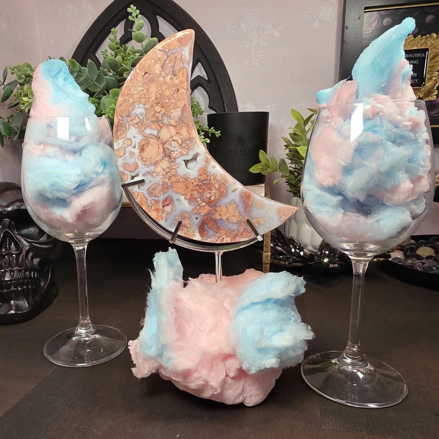 Pink & Blue Cotton Candy Agate Moon Carving - Large Chalcedony Crystal Crescent (6") + FREE Stand
