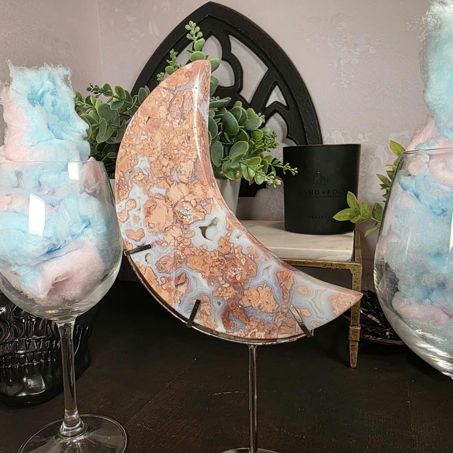 Pink & Blue Cotton Candy Agate Moon Carving - Large Chalcedony Crystal Crescent (6") + FREE Stand