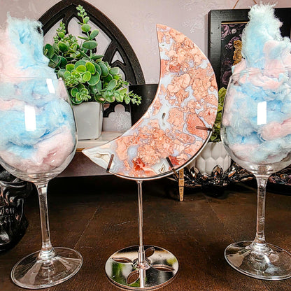 Pink & Blue Cotton Candy Agate Moon Carving - Large Chalcedony Crystal Crescent (6") + FREE Stand