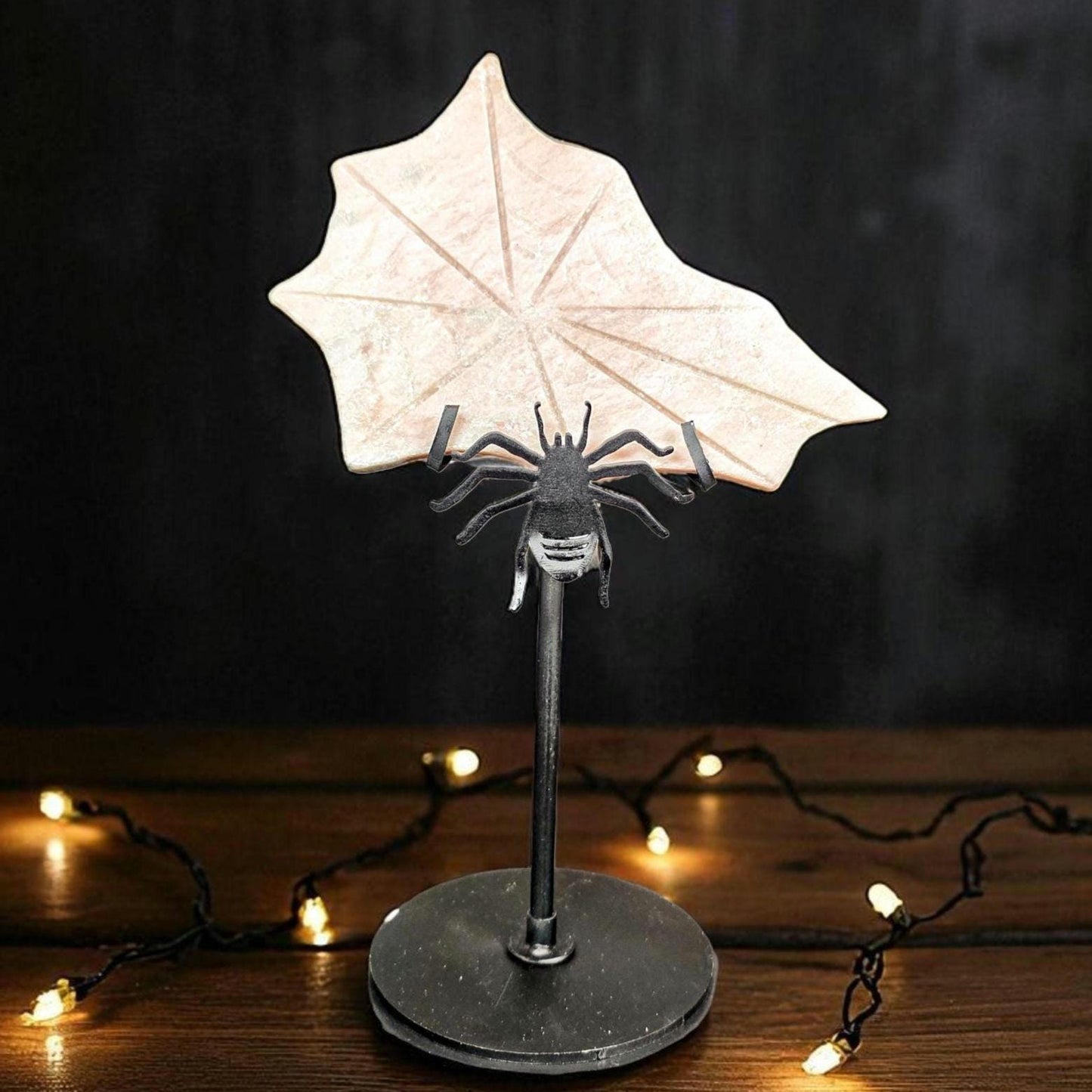 Carved Orange Calcite Spiderweb with Metal Stand - Gothic Halloween Decor