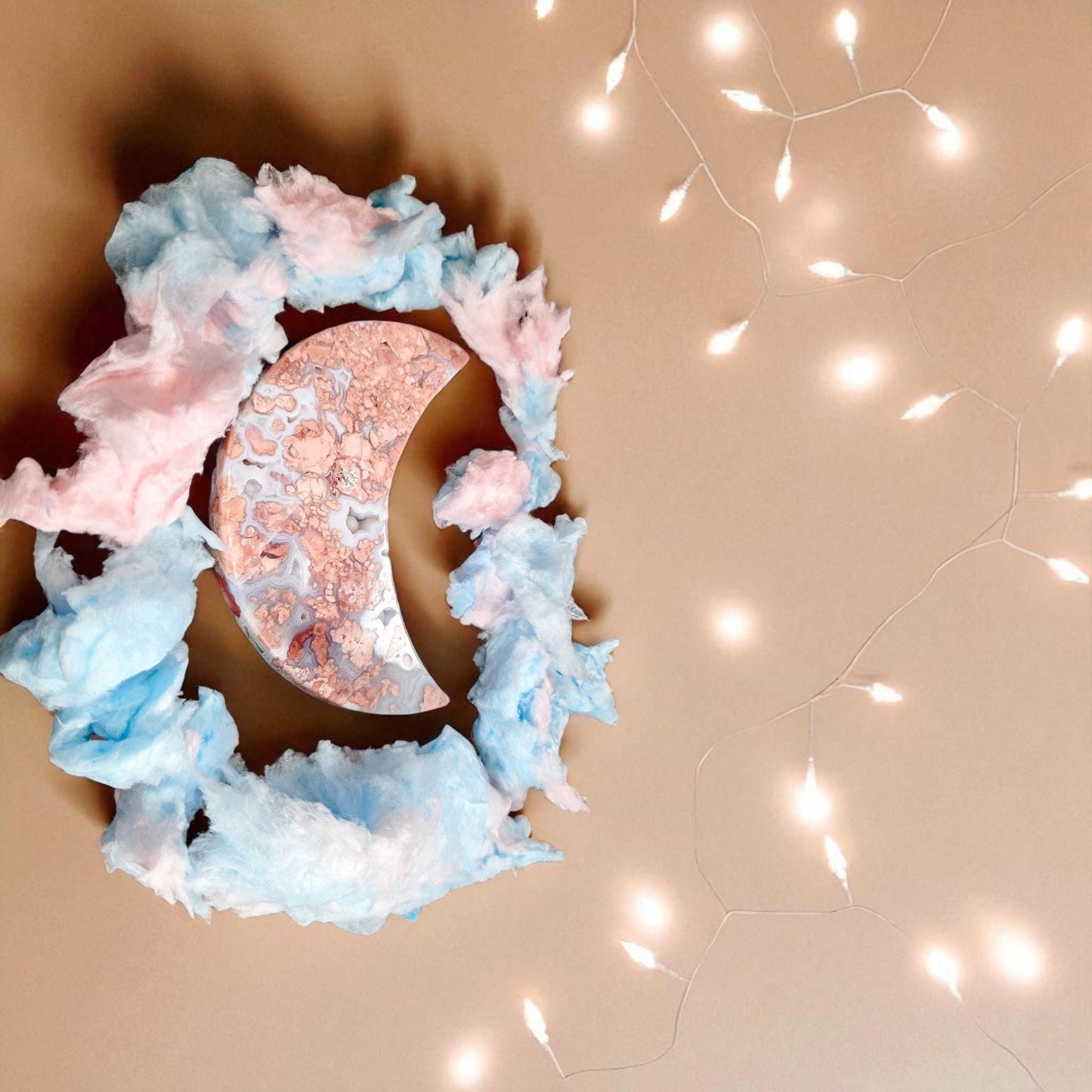 Pink & Blue Cotton Candy Agate Moon Carving - Large Chalcedony Crystal Crescent (6") + FREE Stand