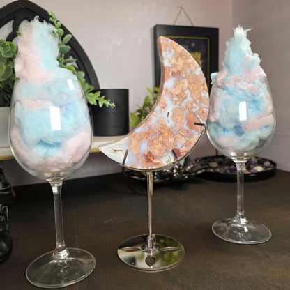 Pink & Blue Cotton Candy Agate Moon Carving - Large Chalcedony Crystal Crescent (6") + FREE Stand