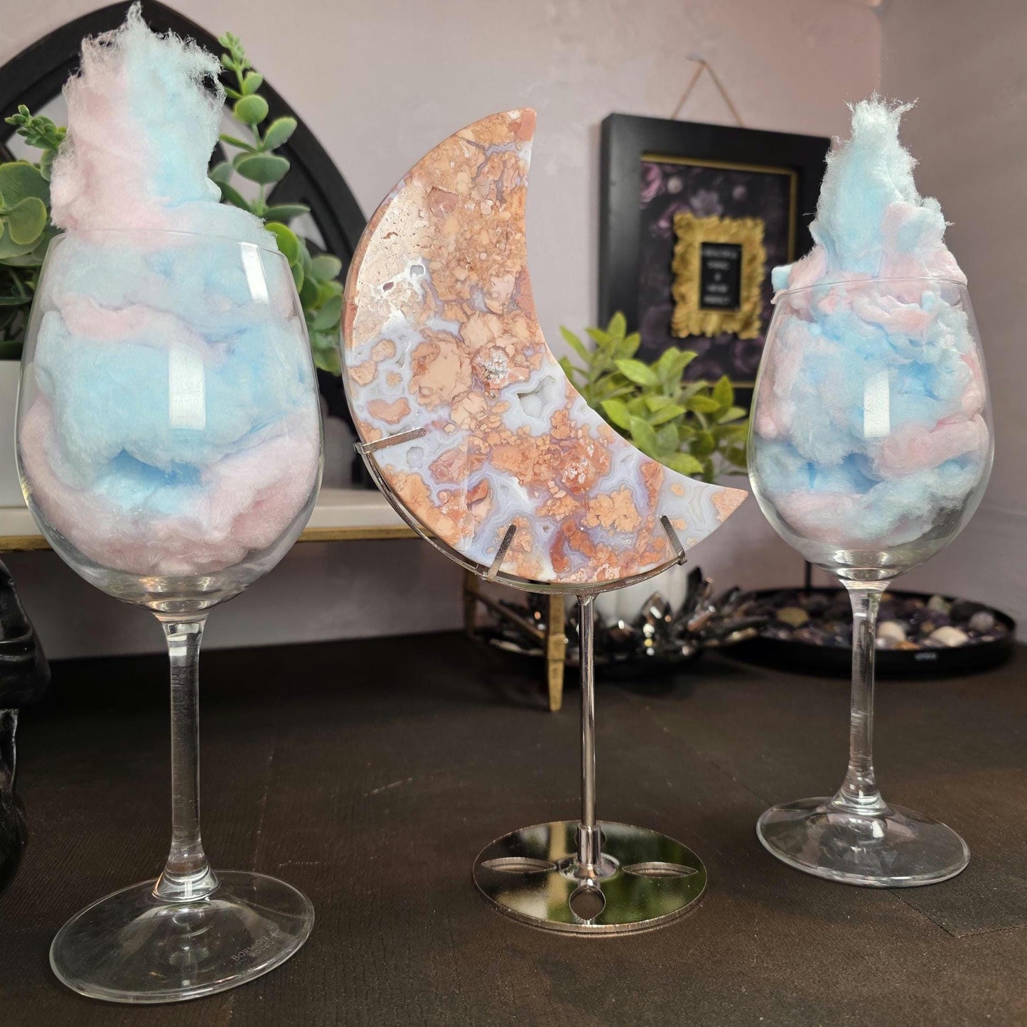 Pink & Blue Cotton Candy Agate Moon Carving - Large Chalcedony Crystal Crescent (6") + FREE Stand