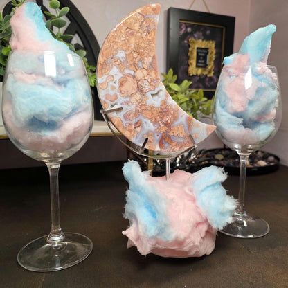 Pink & Blue Cotton Candy Agate Moon Carving - Large Chalcedony Crystal Crescent (6") + FREE Stand