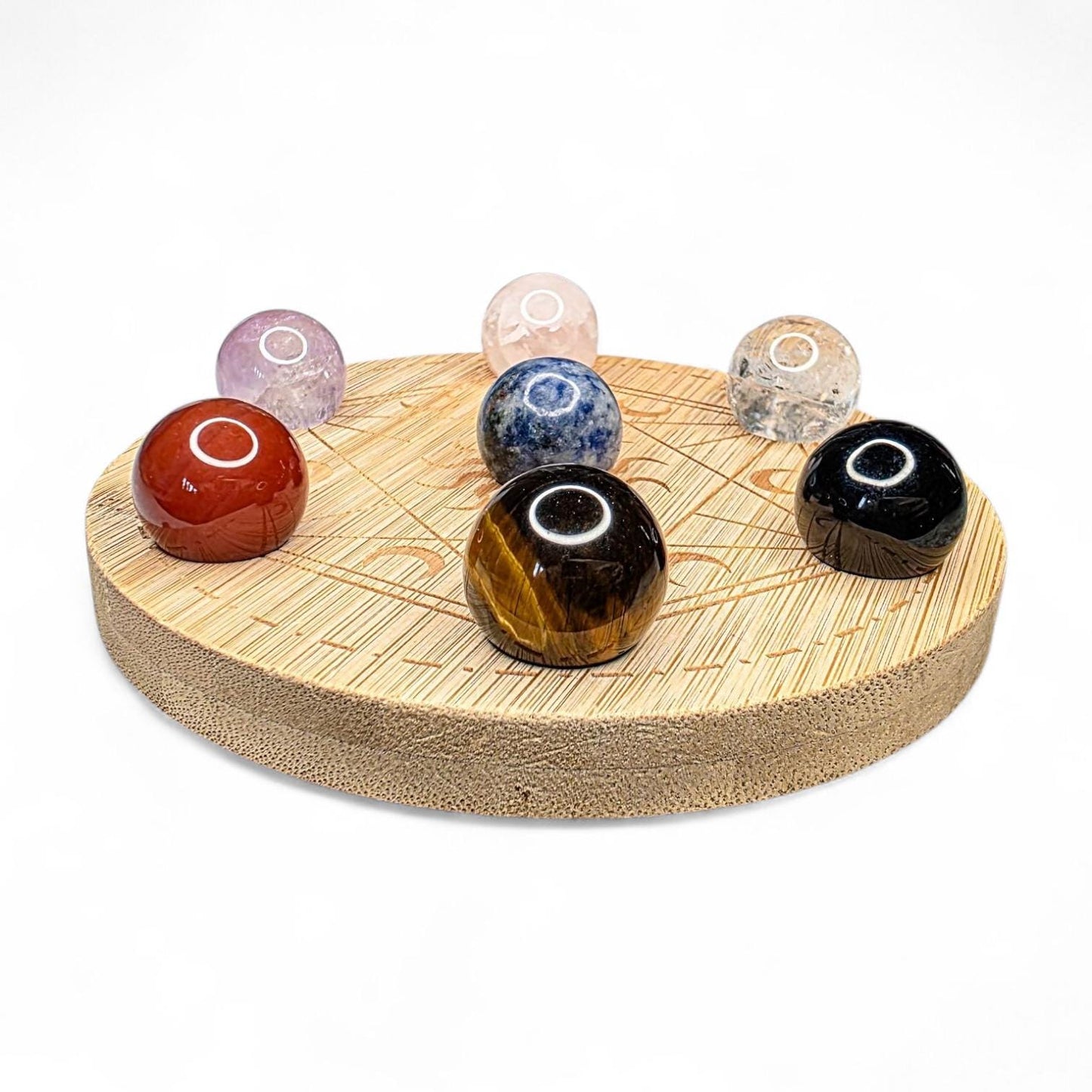 Genuine Crystal Chakra Sphere Set with Wooden Grid