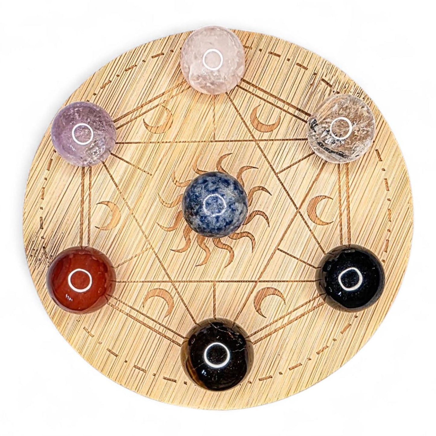 Genuine Crystal Chakra Sphere Set with Wooden Grid