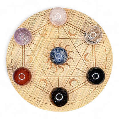Genuine Crystal Chakra Sphere Set with Wooden Grid