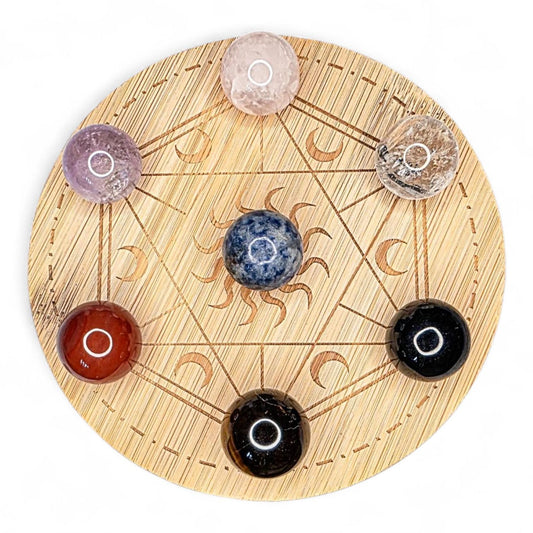 Genuine Crystal Chakra Sphere Set with Wooden Grid