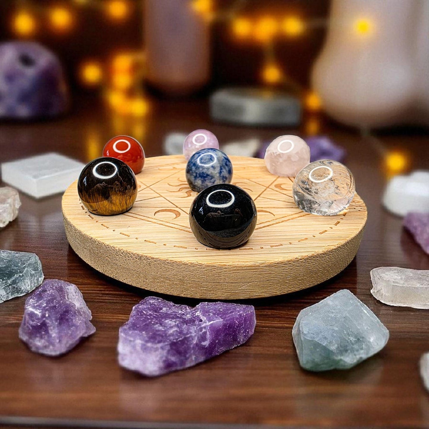 Genuine Crystal Chakra Sphere Set with Wooden Grid