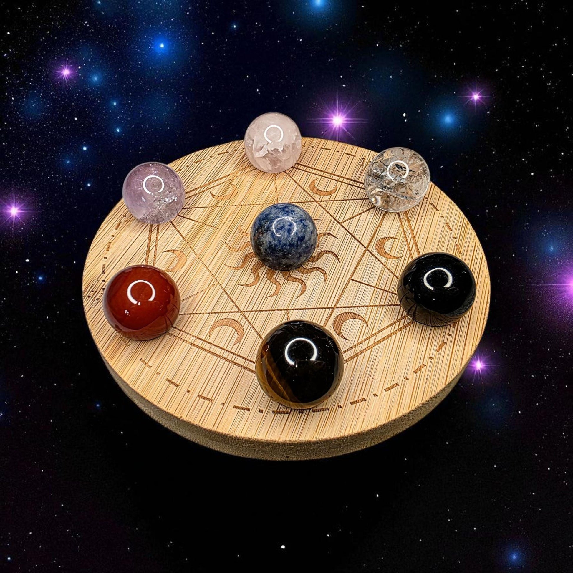 Genuine Crystal Chakra Sphere Set with Wooden Grid