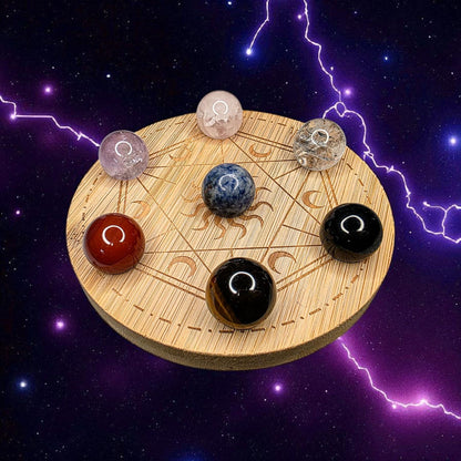 Genuine Crystal Chakra Sphere Set with Wooden Grid