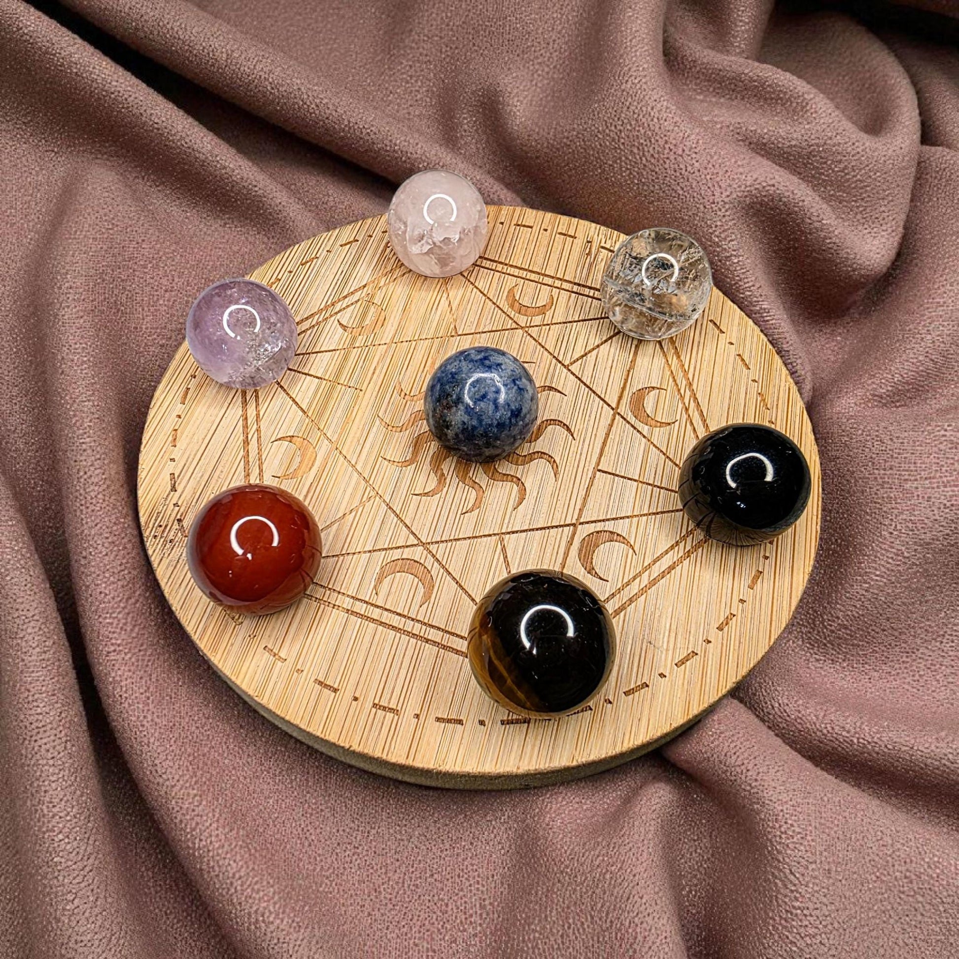Genuine Crystal Chakra Sphere Set with Wooden Grid