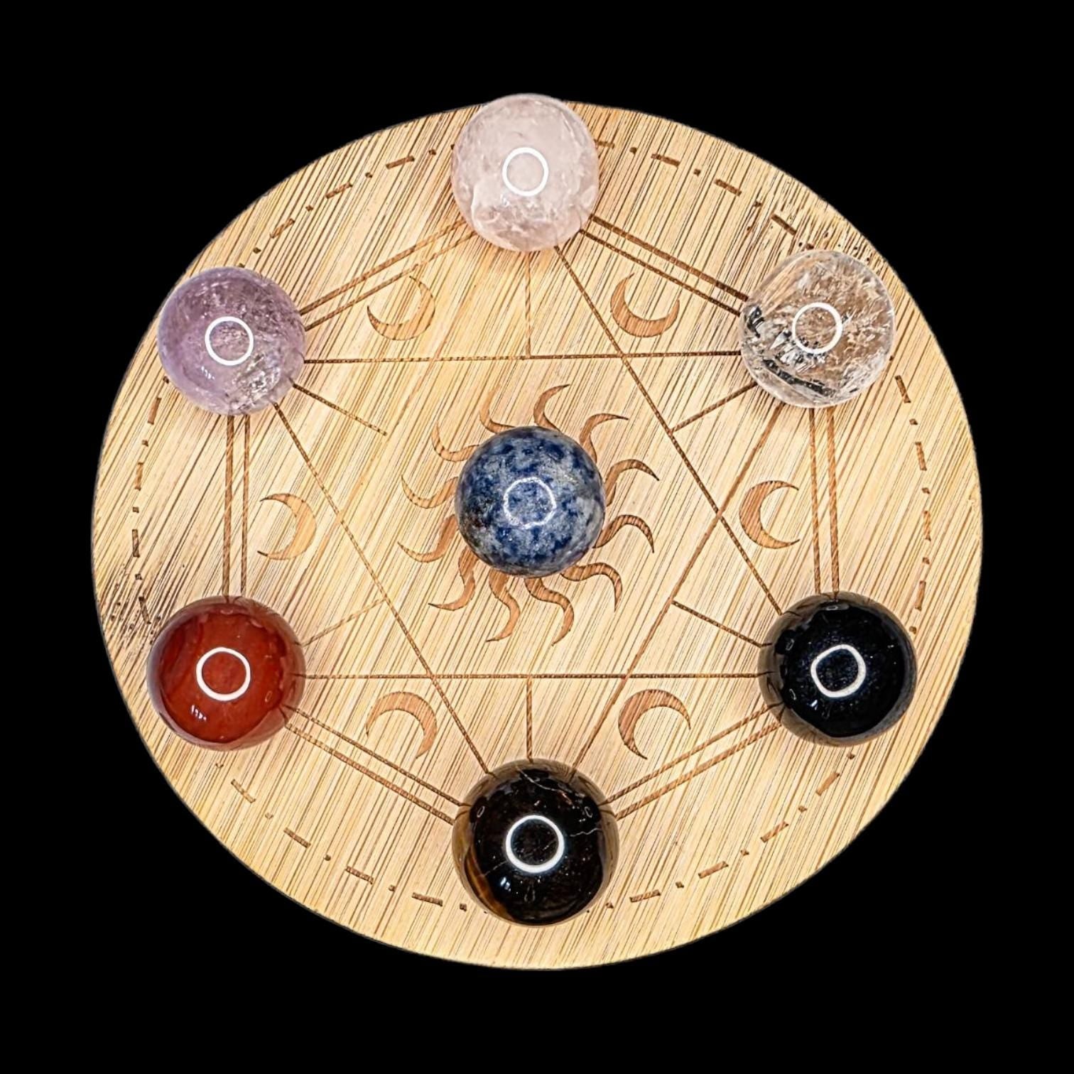 Genuine Crystal Chakra Sphere Set with Wooden Grid