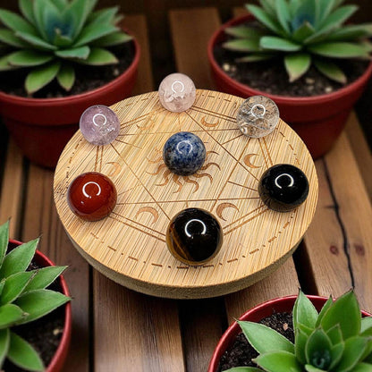 Genuine Crystal Chakra Sphere Set with Wooden Grid