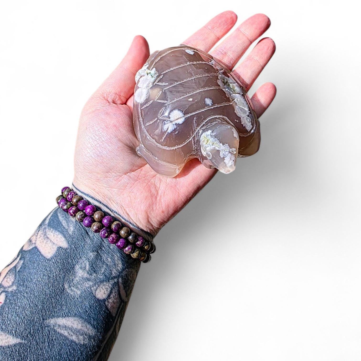 Large Hand-Carved Flower Agate Turtle Natural Decor Piece | Unique Collector's Stone