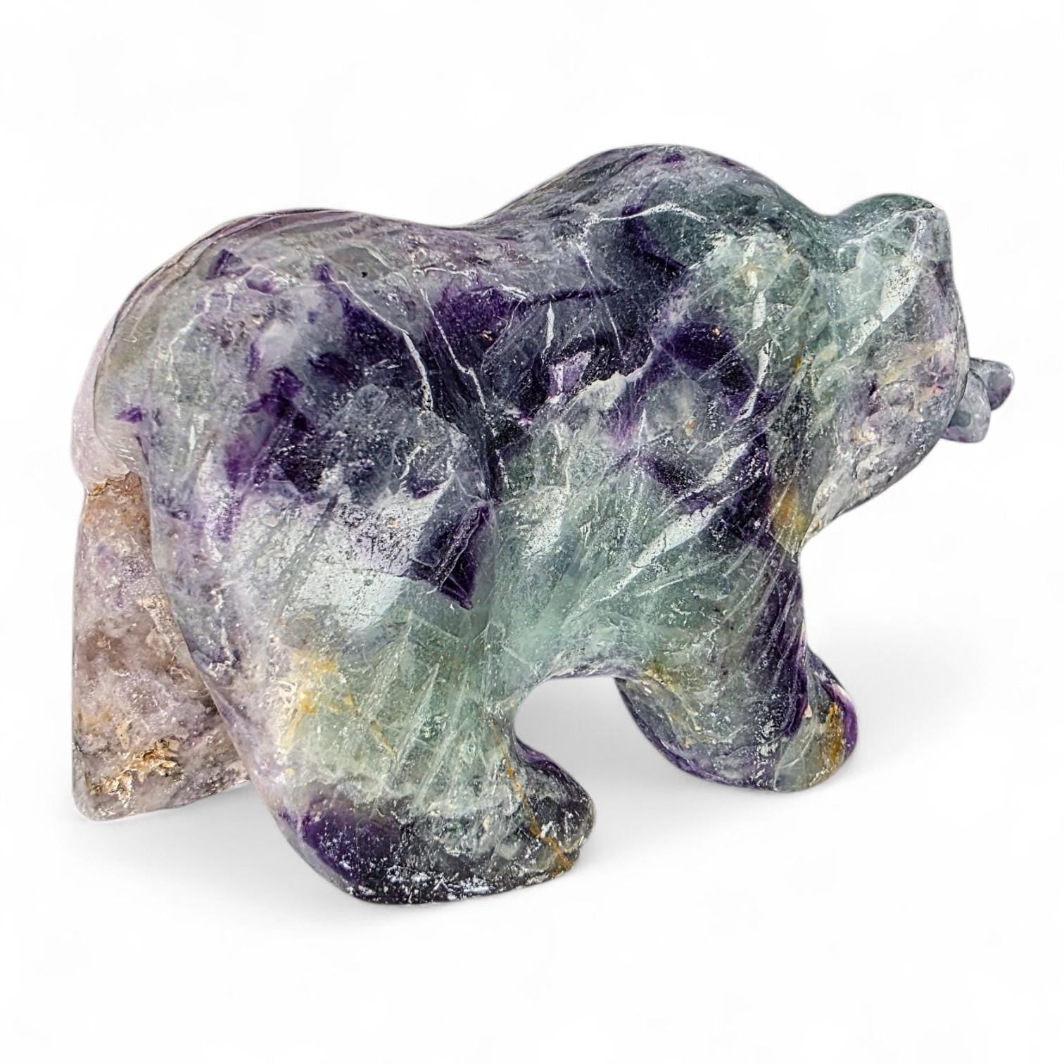 Hand Carved Rainbow Fluorite Grizzly Bear with Fish - 1.2 lb Crystal Totem Forest Animal Carving