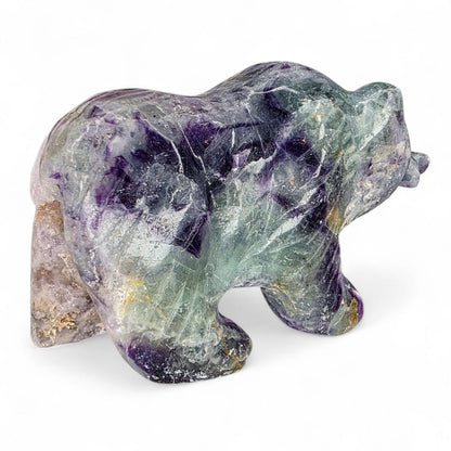 Hand Carved Rainbow Fluorite Grizzly Bear with Fish - 1.2 lb Crystal Totem Forest Animal Carving